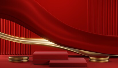 3D rendering of blank product background for cream cosmetics Modern red podium background