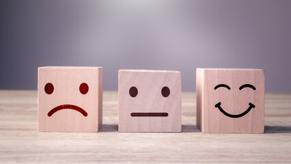 wood cube face icon. service rating, ranking, customer review, satisfaction and feedback concept