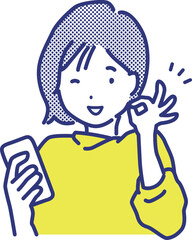 スマホを持ってOKサインする女性のイラストカット