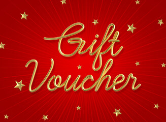 Fototapeta na wymiar Gift voucher word made from realistic gold with star on red background. 3d illustration.