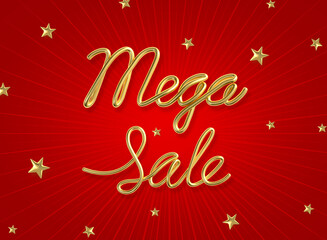 Mega sale word made from realistic gold with star on red background. 3d illustration.