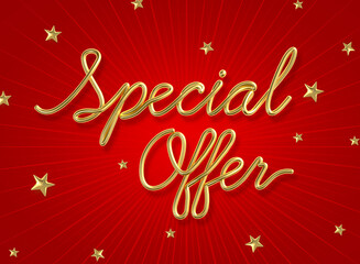 Fototapeta na wymiar Special offer word made from realistic gold with star on red background. 3d illustration.
