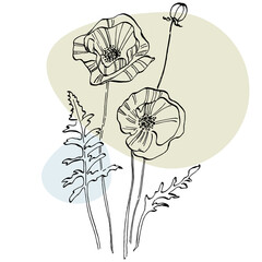 Contemporary art poppies posters in trendy colors. Abstract hand drawing flowers and geometric elements and strokes, leaves and flower. Modern design for social media, invitation, postcards, print for