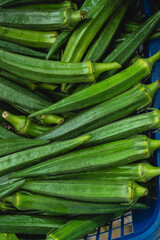 close-up of many fresh okras at the market