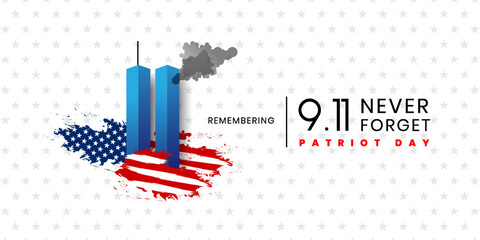 Patriot Day Background, September 11, United States flag, 911 memorial and Never Forget lettering, Vector conceptual illustration