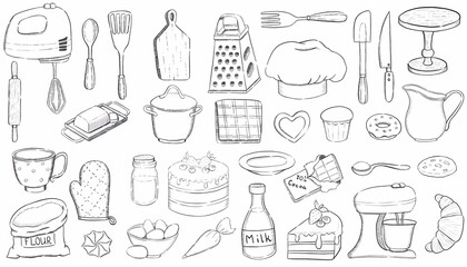 Kitchen supplies outline illustration set. Baking equipments, ingredients and tools for cooking, baked goods. Design concept for bakery, chef, menu,cafe