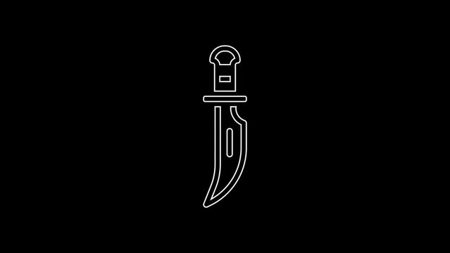White line Dagger icon isolated on black background. Knife icon. Sword with sharp blade. 4K Video motion graphic animation