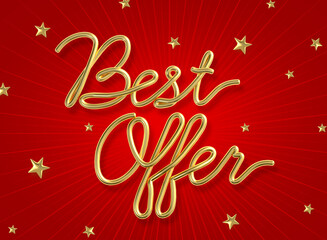 Best offer word made from realistic gold with star on red background. 3d illustration.