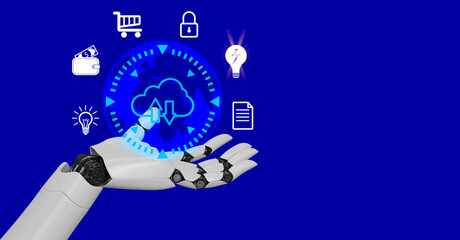robot hand holding and touching digital world on 3d blue background global communication and network rendering mixed media different icons
