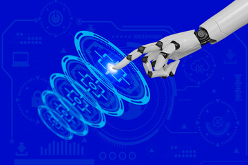 Human hand pointing at center of social network icons. 3D rendering. Wireframe robot hand and human hand touch digital graph interface on blue background.