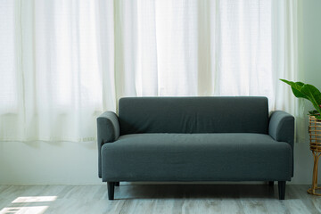 Gray sofa in the living room at home beside decorative plant pots.