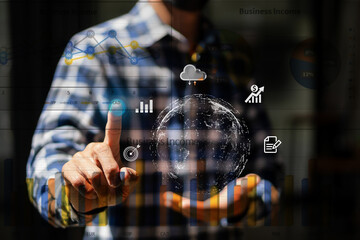 young man holding globe icon pointing graph work document management system big data concept digital transformation of technology