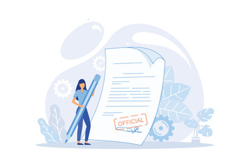 Woman leaving signature on legal document with pen. Concept of signing bilateral contract, making business deal, concluding agreement or treaty, signatory.