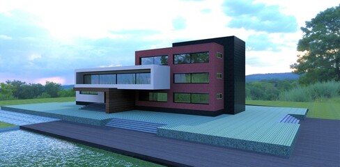 Obraz premium Modern advanced building. Three levels. Descent to the artificial lake. Wide concrete stairs. 3d render.