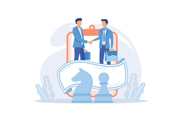 Strategic partnership, handshake gesture concept. Teamwork, brainstorming, joint search for creative strategy. Business web page template. Partners shaking hands after signing contract agreement