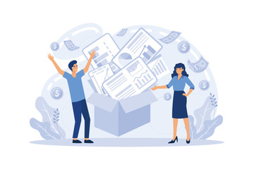 Concept of portfolio income. Financial literacy, investment. Girl invests in stocks and bonds, and they bring money.