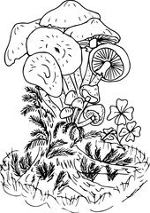 Doodle style illustration of mushrooms in the grass.Mushrooms and grass on a white background. A doodle-style drawing. Decorative element for design
