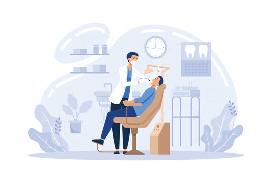 Dentist Examining Patient With Nurse Assistance. Man Visiting Dental Clinic, Sitting In Dentist Chair.  Vector Illustration For Teeth Treatment, Healthcare, Dental Care, Stomatology Concepts