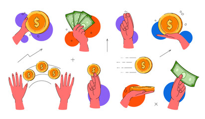 Finance illustration set. Sign hand holding coins. Money transfer, receive, hold concept. Vector flat illustration.