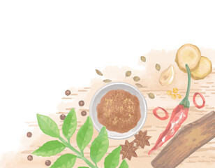 水彩風、カレースパイスのイラスト素材。ベクター。