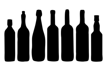 set of alcohol bottles black icon, on a white background