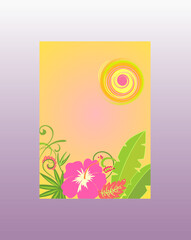 Summery vertical poster with tropical plans, banana leaves, hibiscus flower and hot sun for summer beach party
