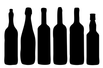 set of alcohol bottles black icon, on a white background