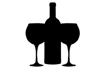 black wine bottle and glass icon, on white background