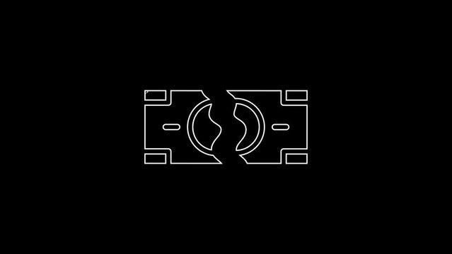 White line Tearing apart money banknote into two peaces icon isolated on black background. 4K Video motion graphic animation