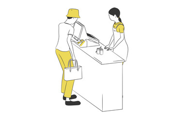 スマートフォンで支払いをする客と店員のシンプルなイラスト