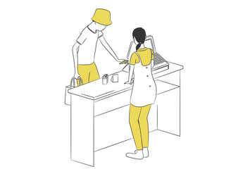スマートフォンで支払いをする客と店員のシンプルなイラスト