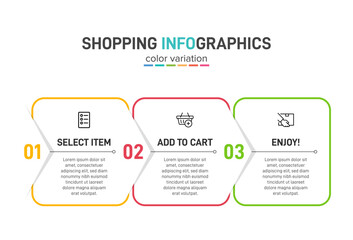 Concept of shopping process with 3 successive steps. Three colorful graphic elements. Timeline design for brochure, presentation, web site. Infographic design layout.