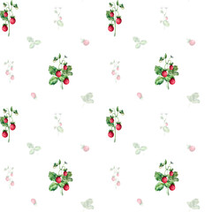 Strawberry seamless pattern on a white background. Hand-drawn watercolor illustration. Fresh red berries. Green leaves.