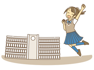 学校の校舎の前で元気にジャンプする女子高校生1(カラー)