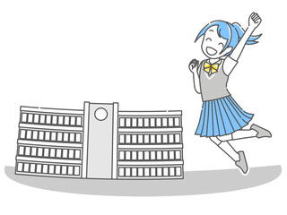 Obraz na płótnie Canvas 学校の校舎の前で元気にジャンプする女子高校生1(シンプルカラー)