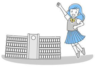 学校の校舎の前で元気にジャンプする女子高校生2(シンプルカラー)