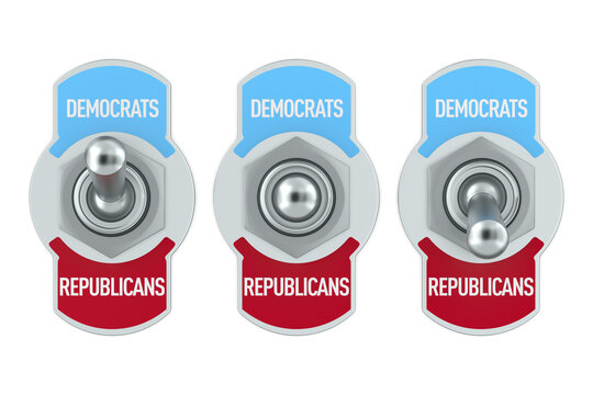 Republicans vs Democrats. Toggle switch on white background. Isolated 3D illustration
