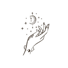 Magic hand with moon. Celestial and mystical moon for branding logo cosmetics and beauty products. Esoteric and mystical design elements.Hand drawn Vector illustration. 