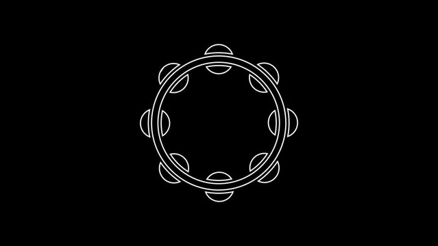 White line Musical instrument percussion tambourine, with metal plates icon isolated on black background. 4K Video motion graphic animation