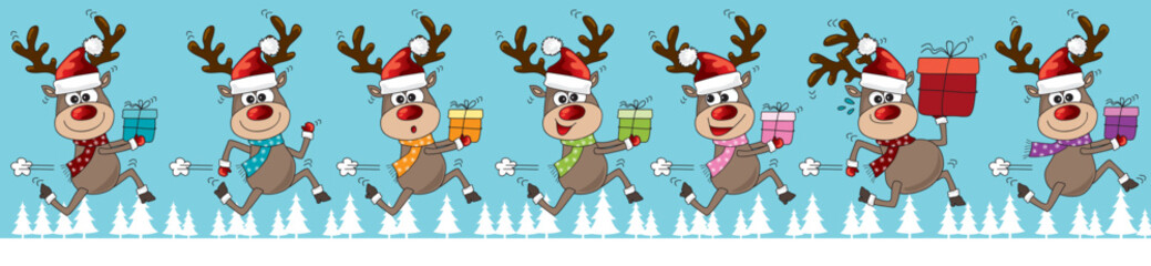 Rentierrennen, Wettlaufen der lustigen Rentiere um Geschenke pünktlich zu Weihnachten zu bringen,  Cartoon Banner