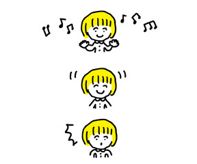 おかっぱ女の子上半身　音符　ニコニコ　びっくり