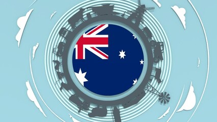 Circle with agricultural icons. Objects located around the circle. Background for eco products with flag of Australia. - Powered by Adobe