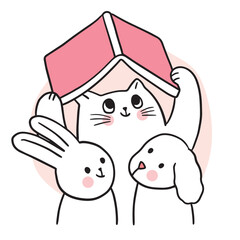Cartoon cute funny cat and rabbit and dog reading book vector.