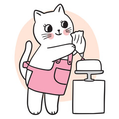 Cartoon cute funny cat cooking cake vector.
