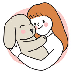 Cartoon cute woman love and hug dog vector.