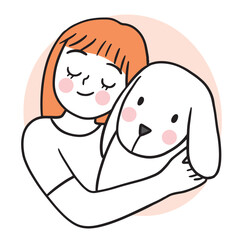 Cartoon cute woman love and hug dog vector.