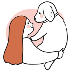 Cartoon cute woman love and hug dog vector.