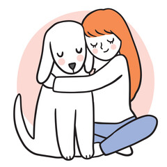 Cartoon cute woman love and hug dog vector.