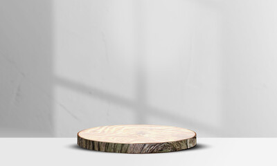 round wood slice podium in a studio room with natural shadows, product mockup