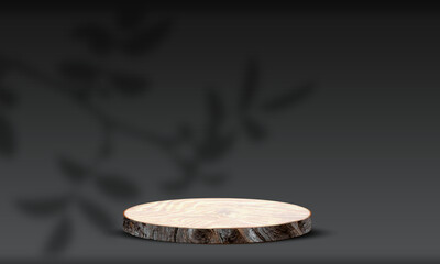 minimal round wood slice podium over dark black background with tree shadow overlay